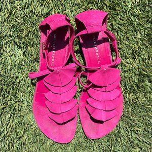 Hot Pink Ruffle Flat Suede Sandals